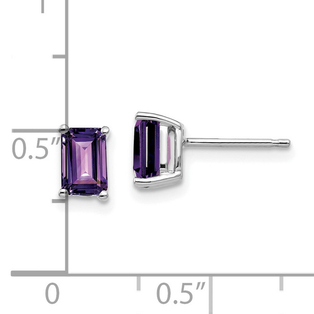 14k White Gold Amethyst Stud Earrings, Emerald Cut Purple Gemstone, Minimalist Design