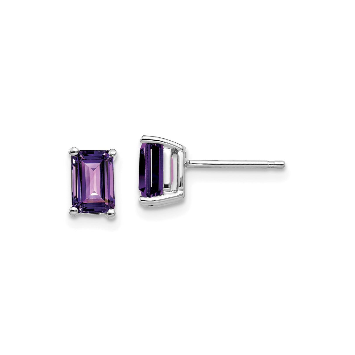 14k White Gold Amethyst Stud Earrings, Emerald Cut Purple Gemstone, Minimalist Design