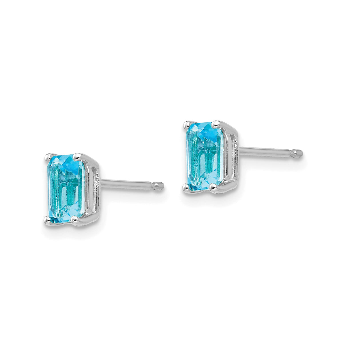 14k White Gold Stud Earrings with Emerald Cut Swiss Blue Topaz, Minimalist Design