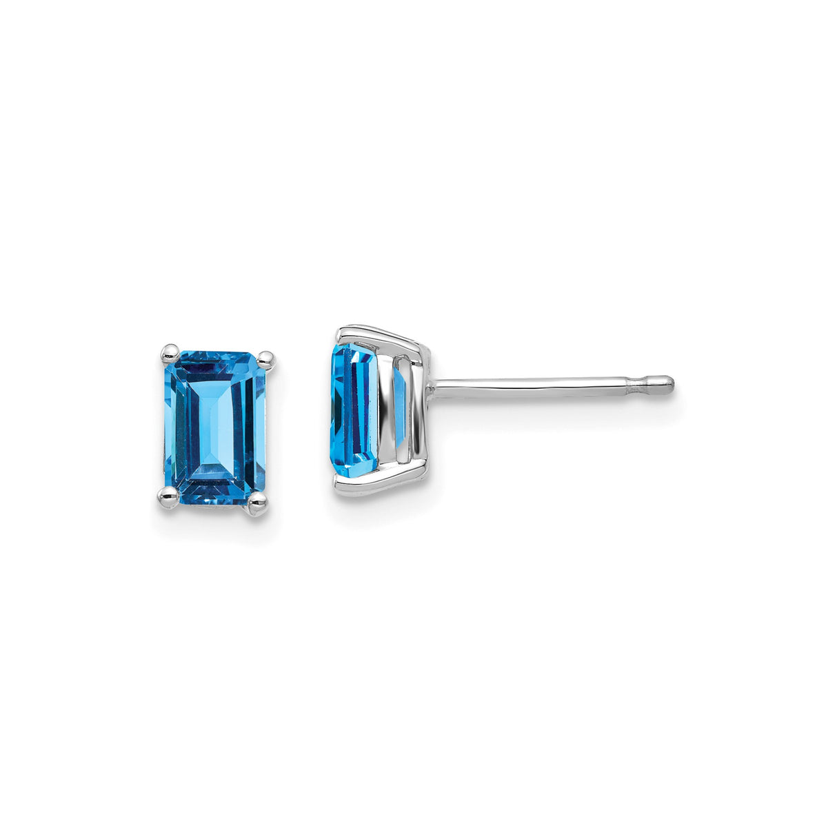 14k White Gold Stud Earrings with Emerald Cut Swiss Blue Topaz, Minimalist Design