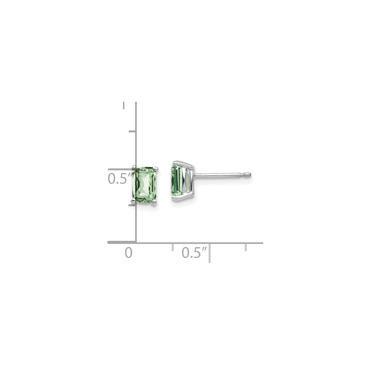 14k White Gold Stud Earrings with Rectangular Green Quartz, Four Prong Setting, Minimalist Style