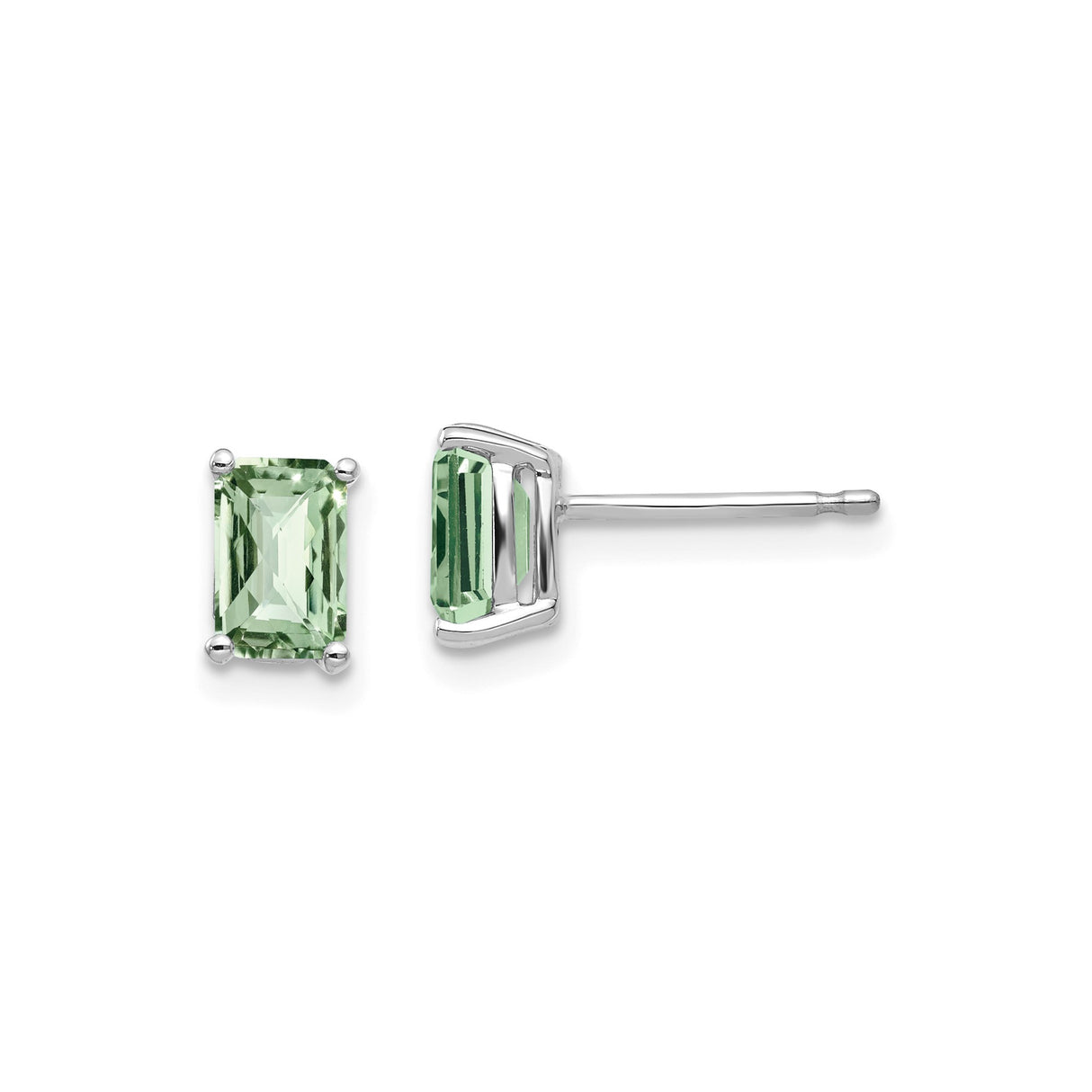 14k White Gold Stud Earrings with Rectangular Green Quartz, Four Prong Setting, Minimalist Style
