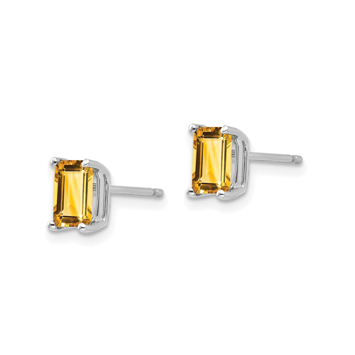 14k White Gold Stud Earrings with Emerald Cut Citrine, Modern Minimalist Design
