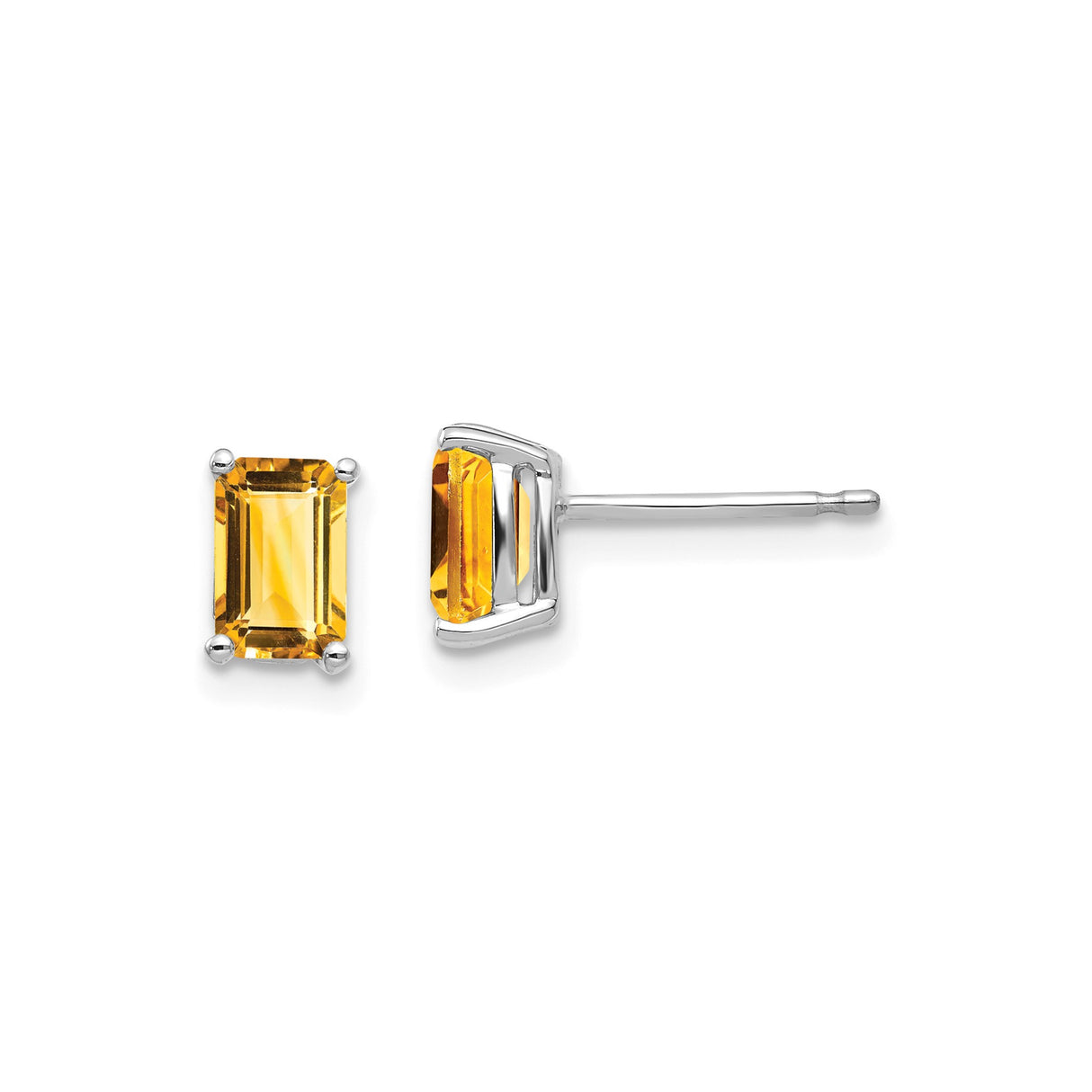 14k White Gold Stud Earrings with Emerald Cut Citrine, Modern Minimalist Design