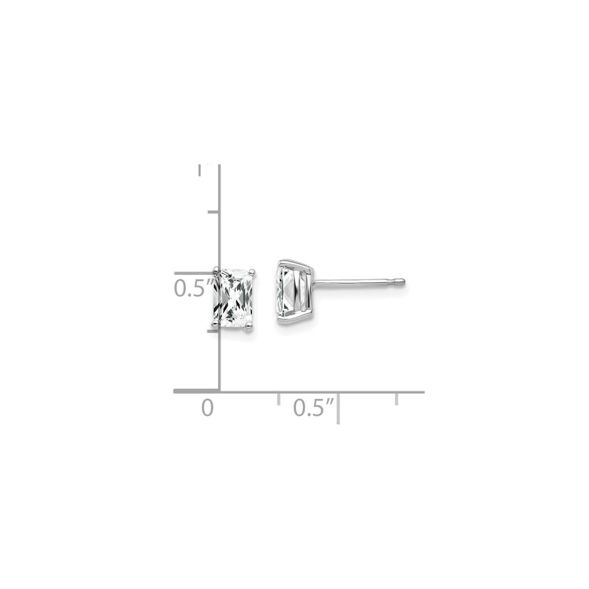 14k White Gold Rectangular Stud Earrings with Cubic Zirconia, Radiant Cut Solitaire Style