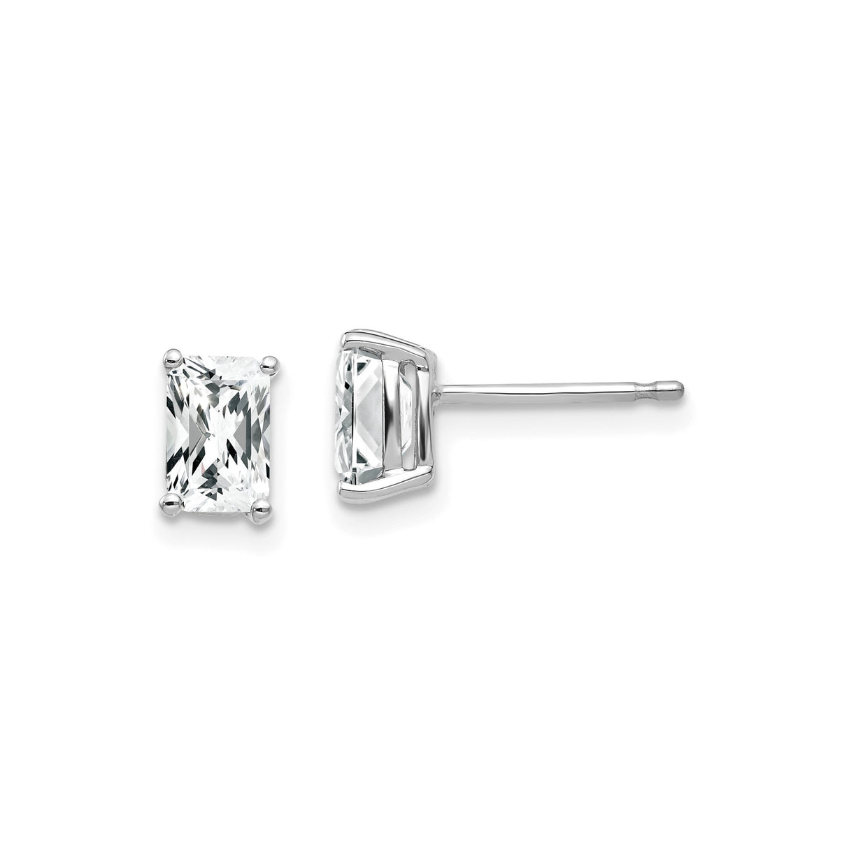 14k White Gold Rectangular Stud Earrings with Cubic Zirconia, Radiant Cut Solitaire Style