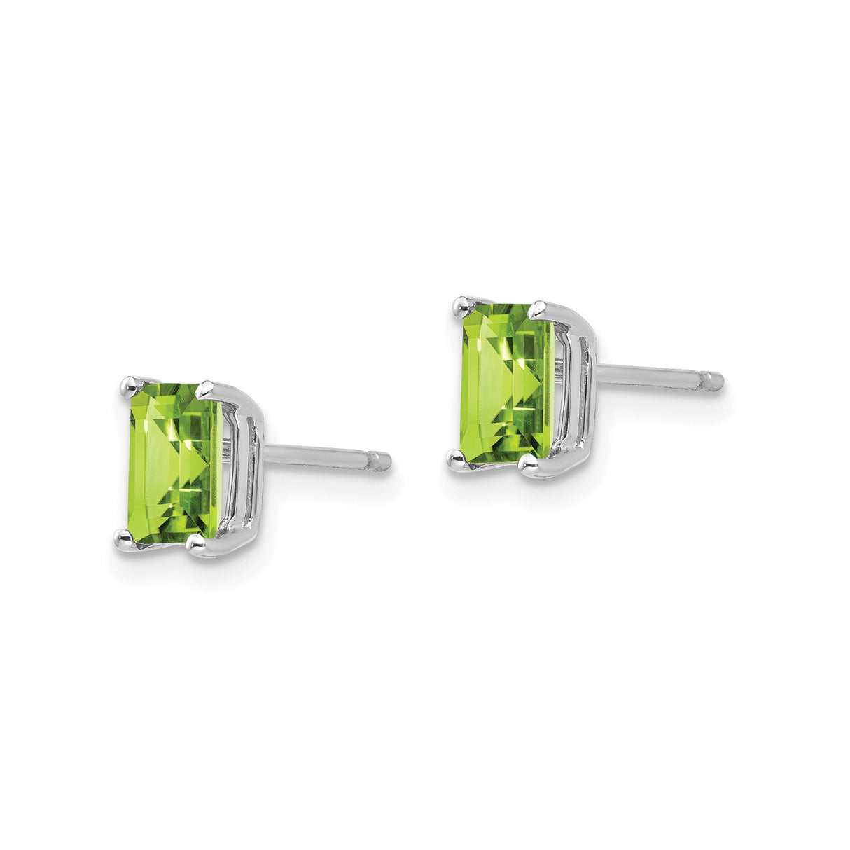 14k White Gold Peridot Stud Earrings, Emerald Cut with Modern Prong Setting for Women
