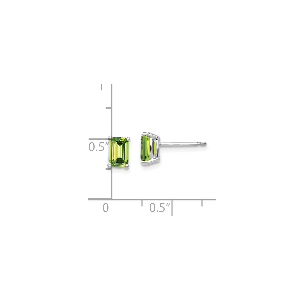14k White Gold Peridot Stud Earrings, Emerald Cut with Modern Prong Setting for Women