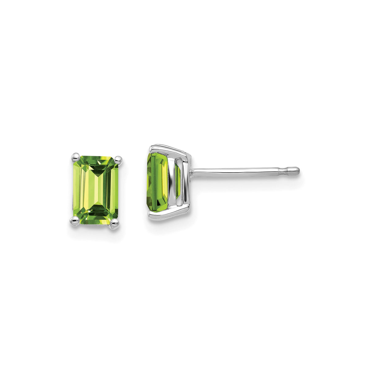 14k White Gold Peridot Stud Earrings, Emerald Cut with Modern Prong Setting for Women
