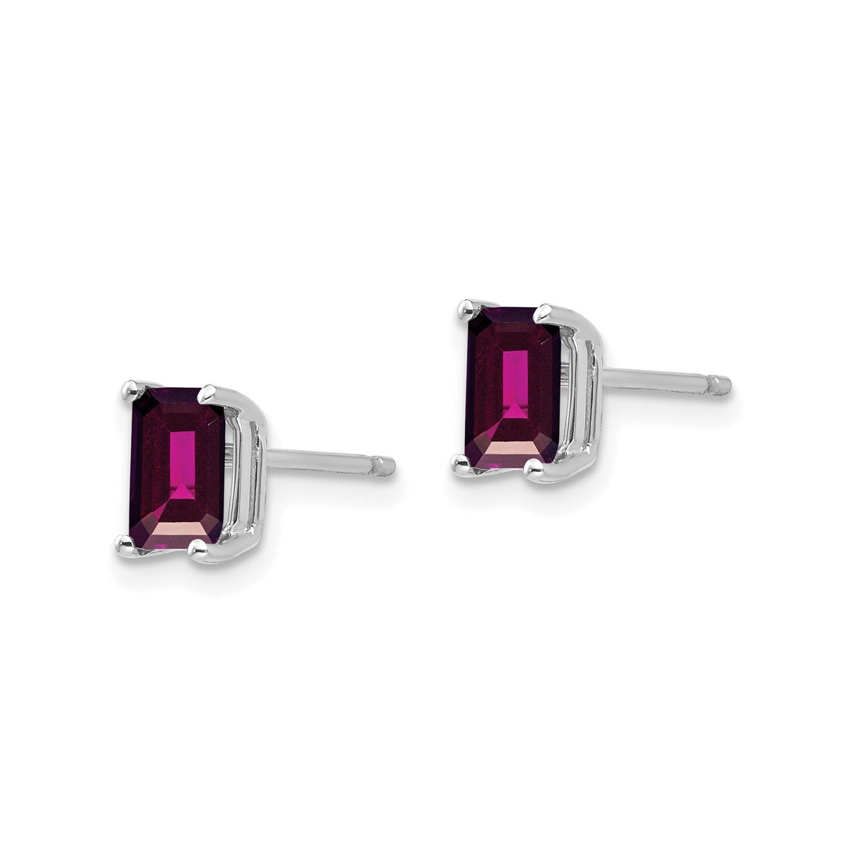 14k White Gold Stud Earrings with Emerald Cut Rhodolite Garnet, Modern Elegant Style