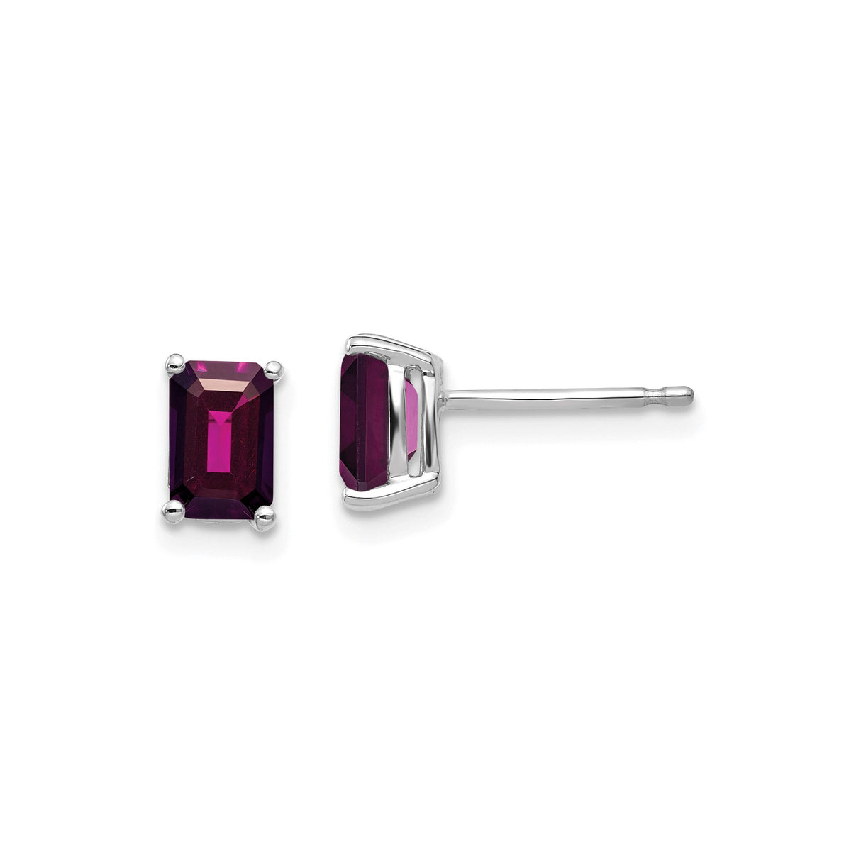 14k White Gold Stud Earrings with Emerald Cut Rhodolite Garnet, Modern Elegant Style