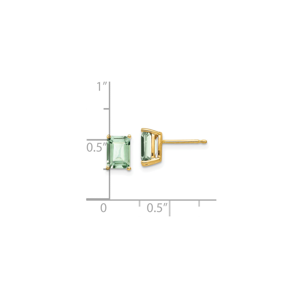 14k Yellow Gold Stud Earrings with Emerald Cut Light Green Quartz Stones, Rectangular Minimalist Design