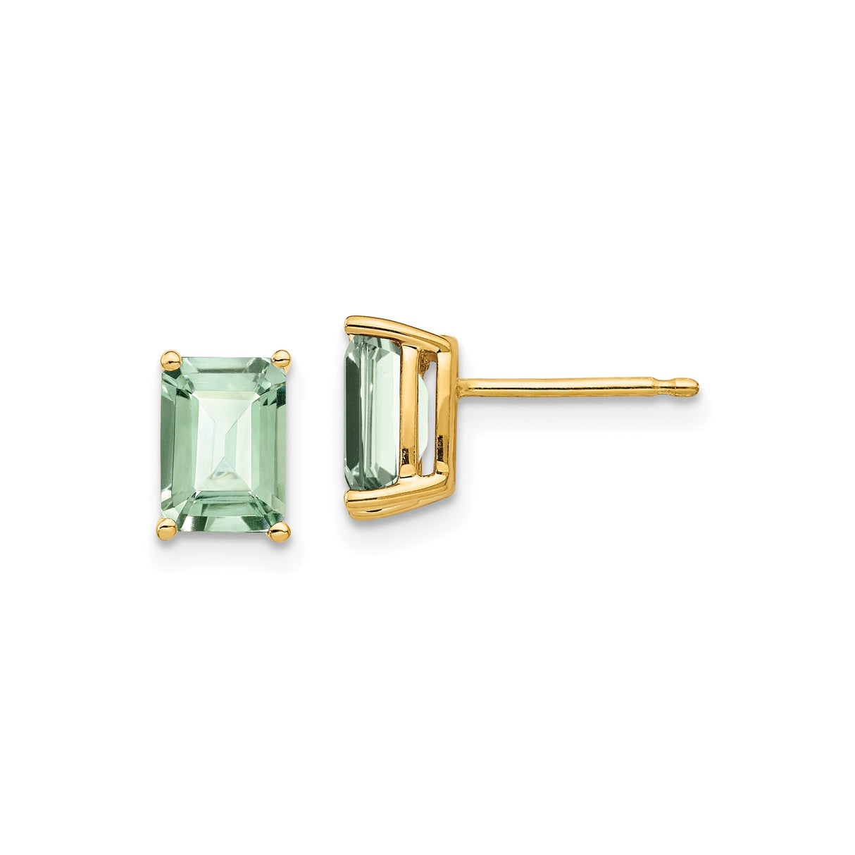 14k Yellow Gold Stud Earrings with Emerald Cut Light Green Quartz Stones, Rectangular Minimalist Design