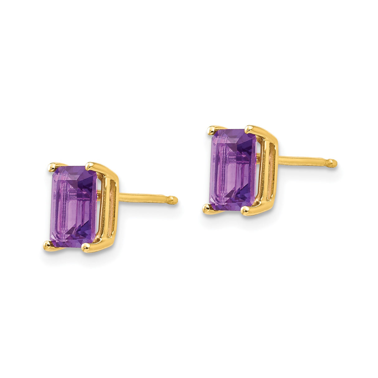 14k Yellow Gold Stud Earrings with Emerald Cut Amethyst, Classic Minimalist Style for Women