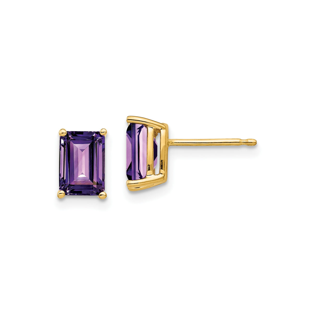 14k Yellow Gold Stud Earrings with Emerald Cut Amethyst, Classic Minimalist Style for Women