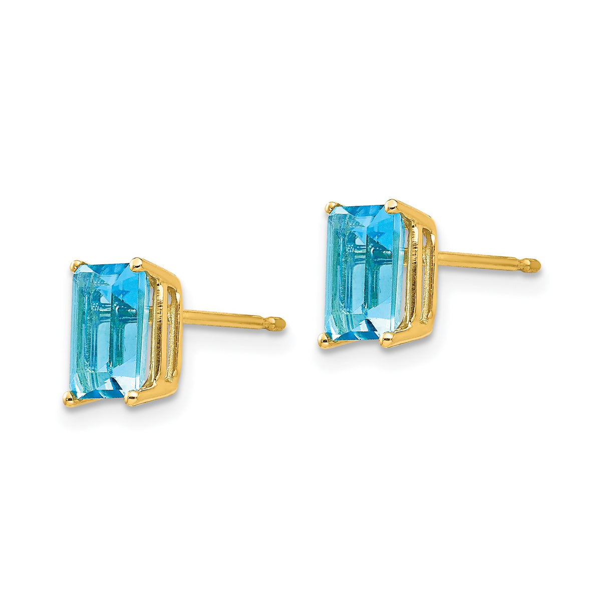 14k Yellow Gold Blue Topaz Stud Earrings, Emerald Cut, Modern Minimalist Style for Women