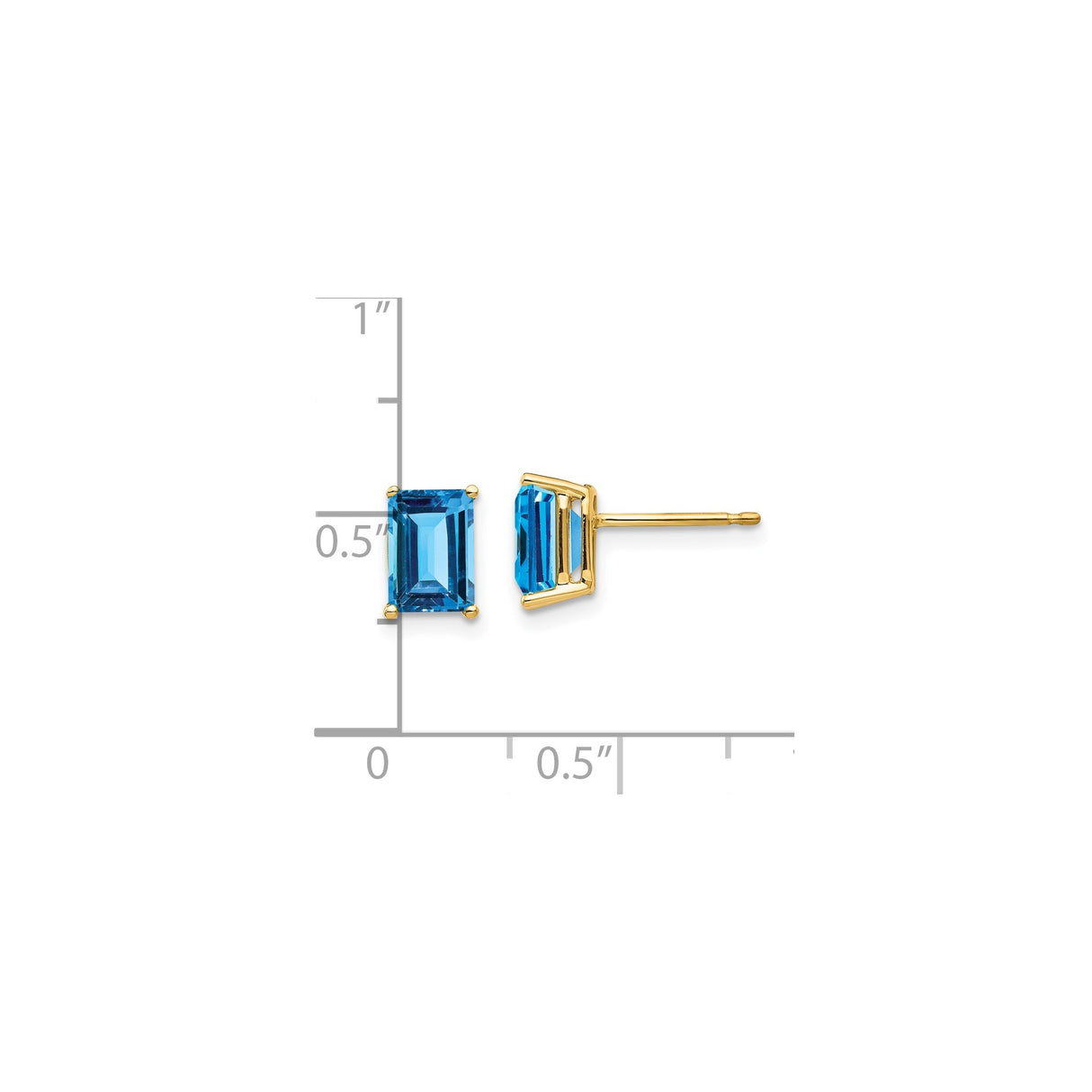 14k Yellow Gold Blue Topaz Stud Earrings, Emerald Cut, Modern Minimalist Style for Women