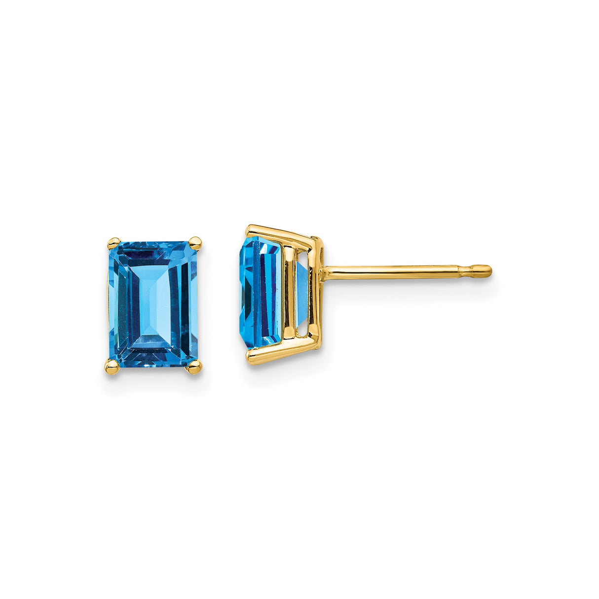 14k Yellow Gold Blue Topaz Stud Earrings, Emerald Cut, Modern Minimalist Style for Women