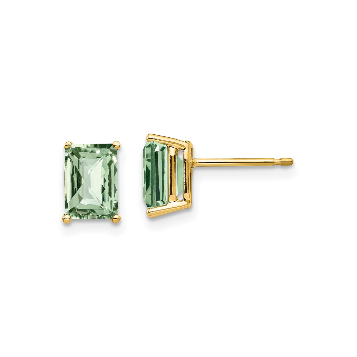 14k Yellow Gold Stud Earrings with Rectangular Green Quartz, Minimalist Design