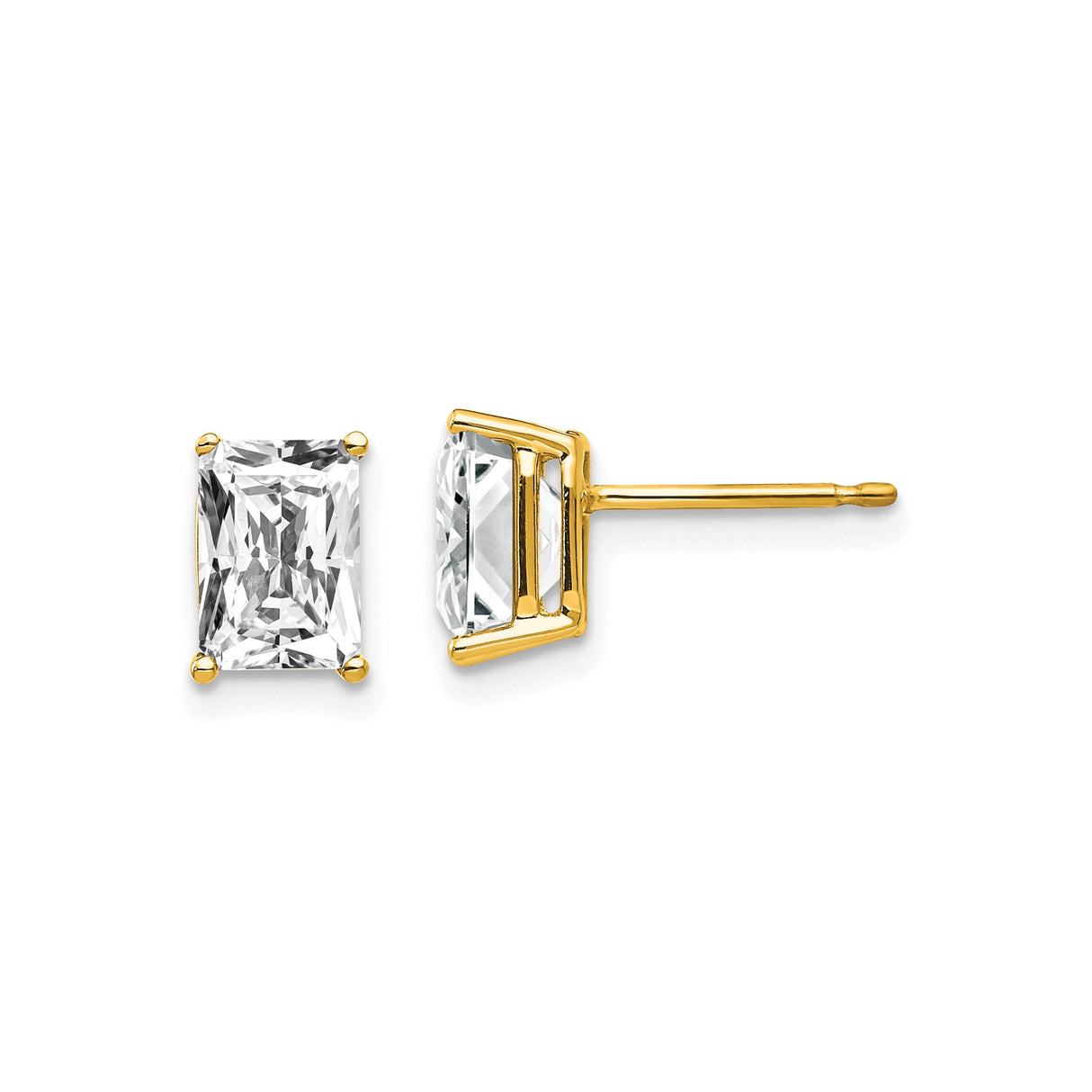 14k Yellow Gold Stud Earrings with Radiant Cut Cubic Zirconia, Classic Four Prong Setting