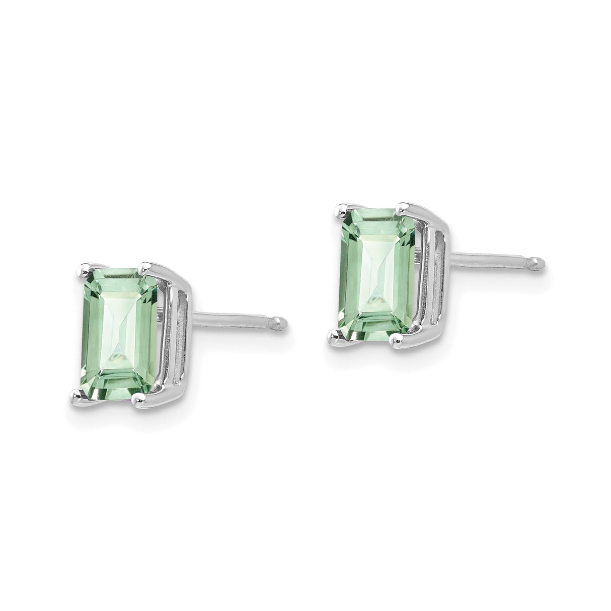 14k White Gold Stud Earrings with Emerald Cut Green Quartz, Minimalist Polished Design for Women
