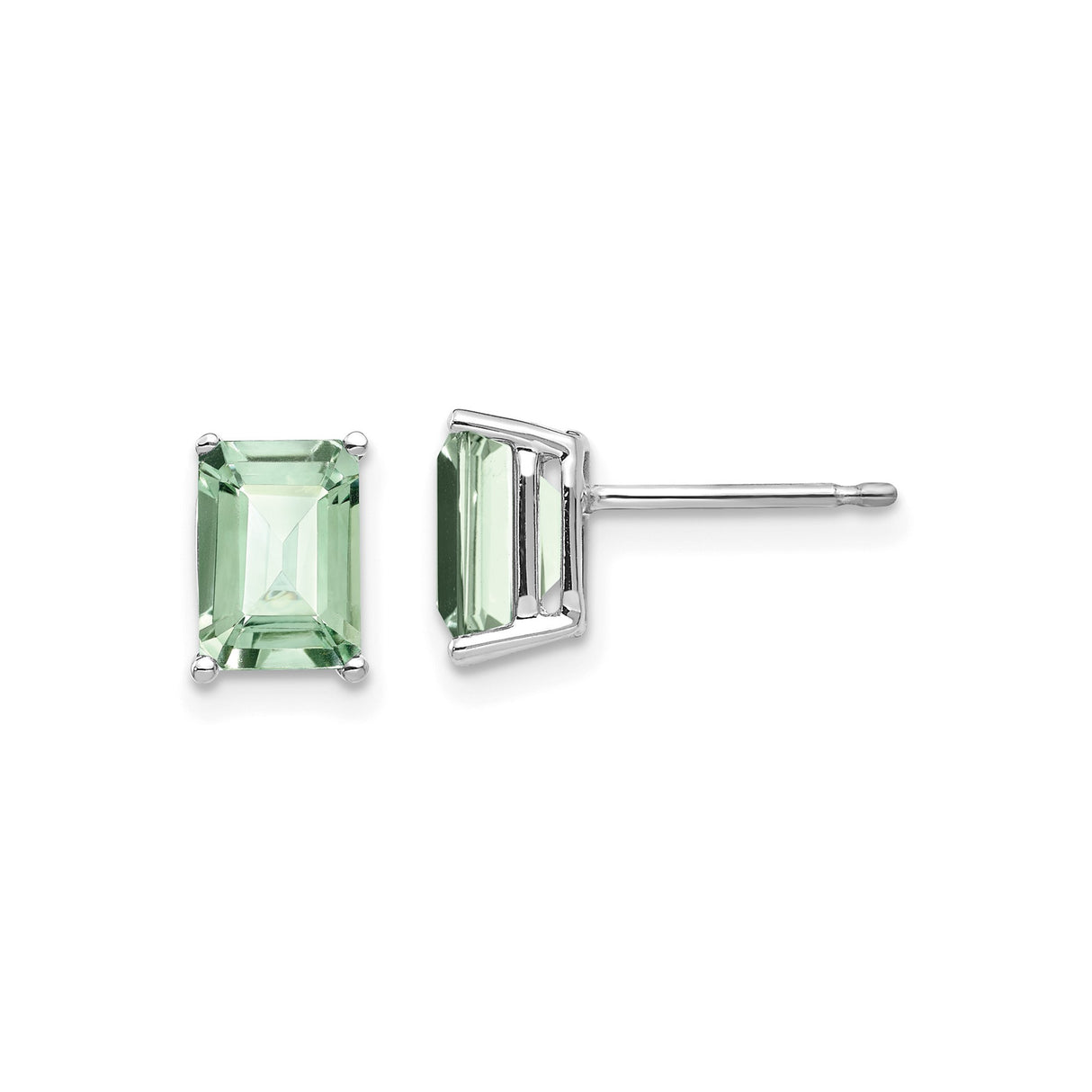 14k White Gold Stud Earrings with Emerald Cut Green Quartz, Minimalist Polished Design for Women