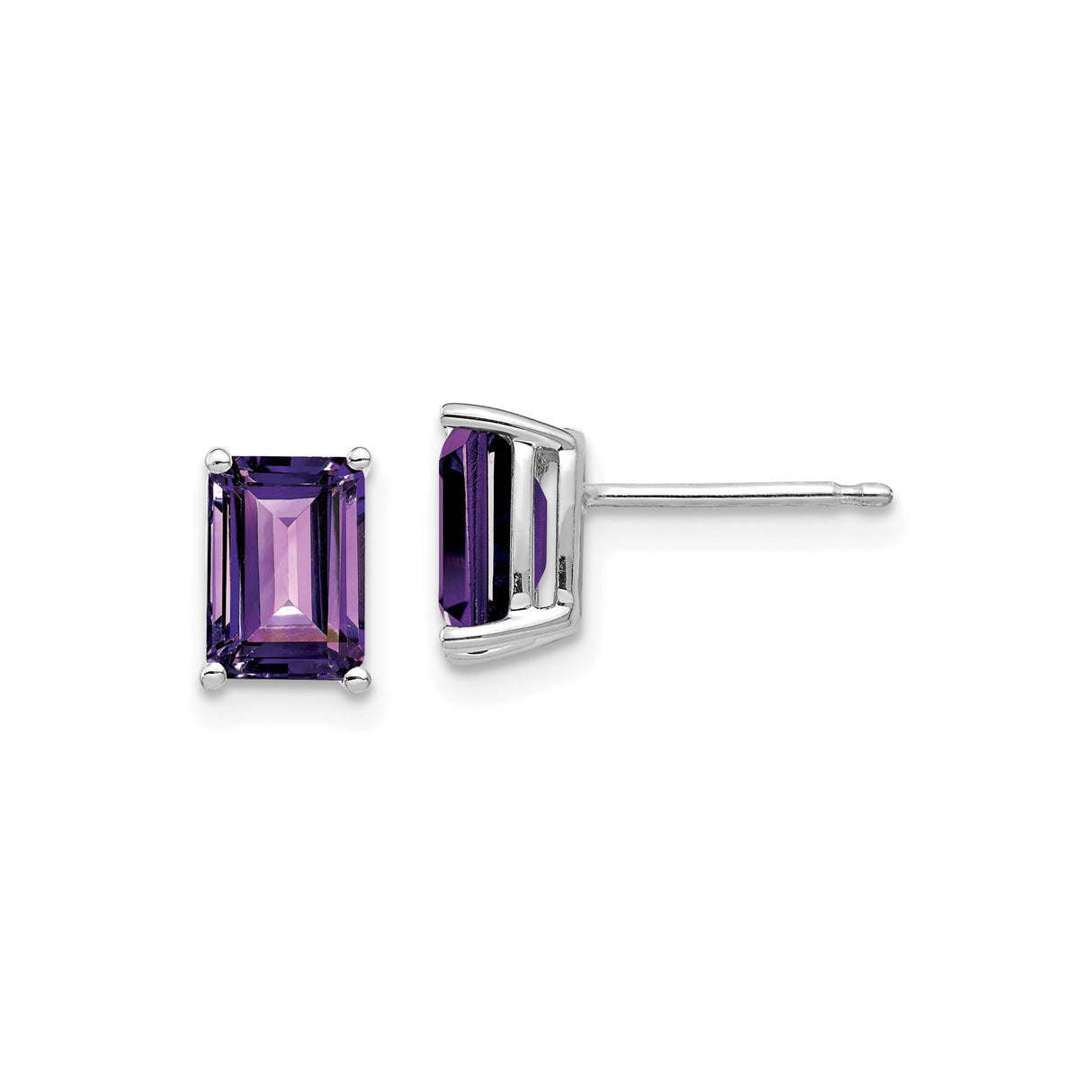 14k White Gold Amethyst Stud Earrings, Emerald Cut Purple Gemstone Minimalist Style