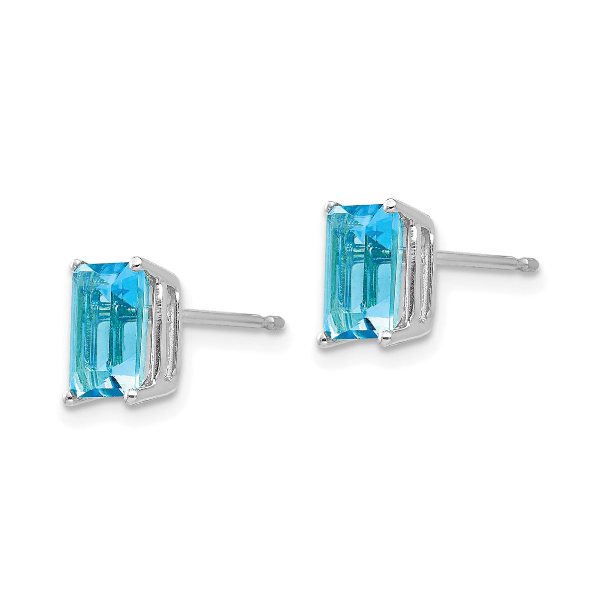 14k White Gold Stud Earrings with Swiss Blue Topaz, Emerald Cut, Modern Prong Setting