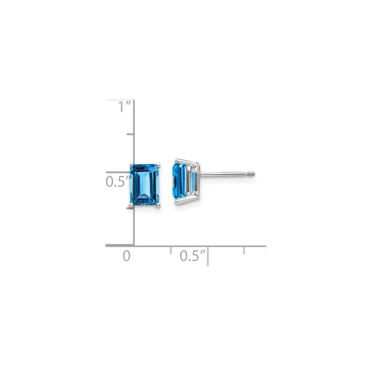 14k White Gold Stud Earrings with Swiss Blue Topaz, Emerald Cut, Modern Prong Setting