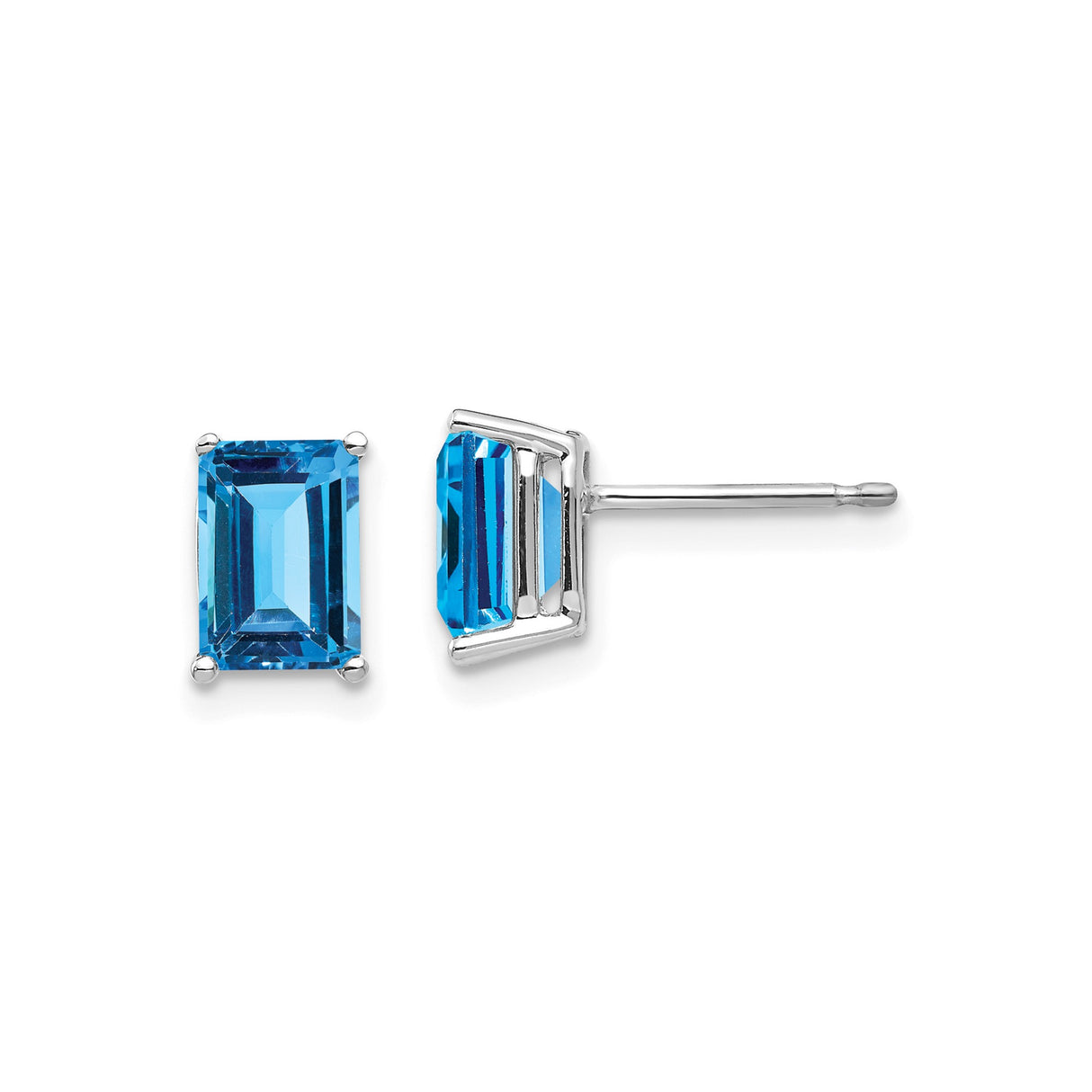 14k White Gold Stud Earrings with Swiss Blue Topaz, Emerald Cut, Modern Prong Setting