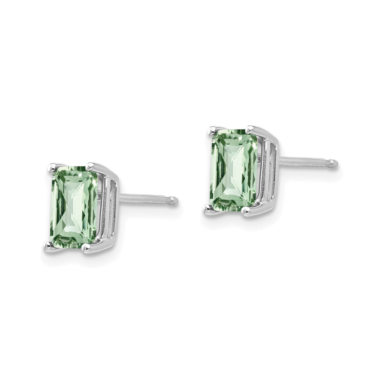 14k White Gold Stud Earrings with Emerald Cut Green Quartz, Rectangle Minimalist Style