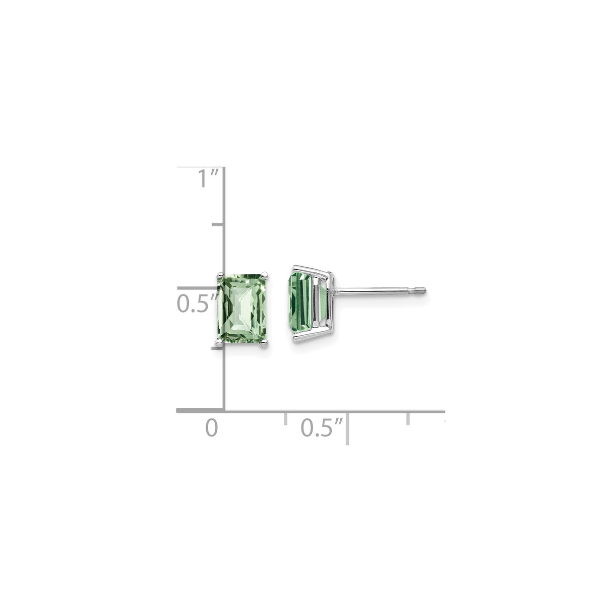 14k White Gold Stud Earrings with Emerald Cut Green Quartz, Rectangle Minimalist Style