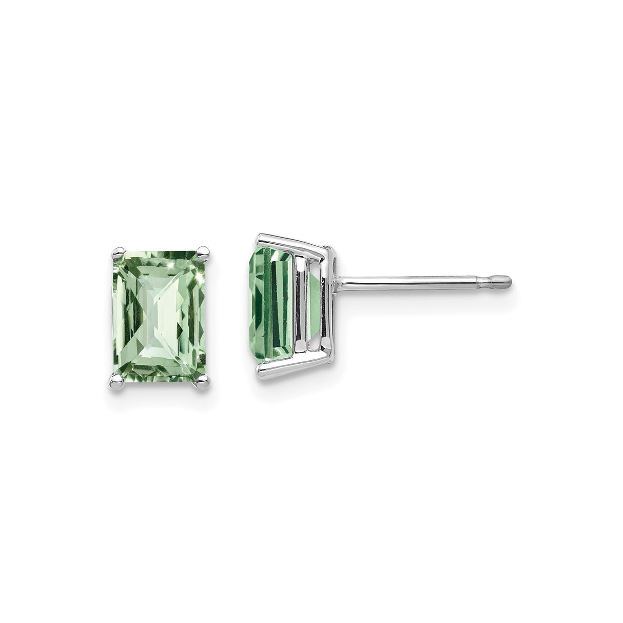 14k White Gold Stud Earrings with Emerald Cut Green Quartz, Rectangle Minimalist Style