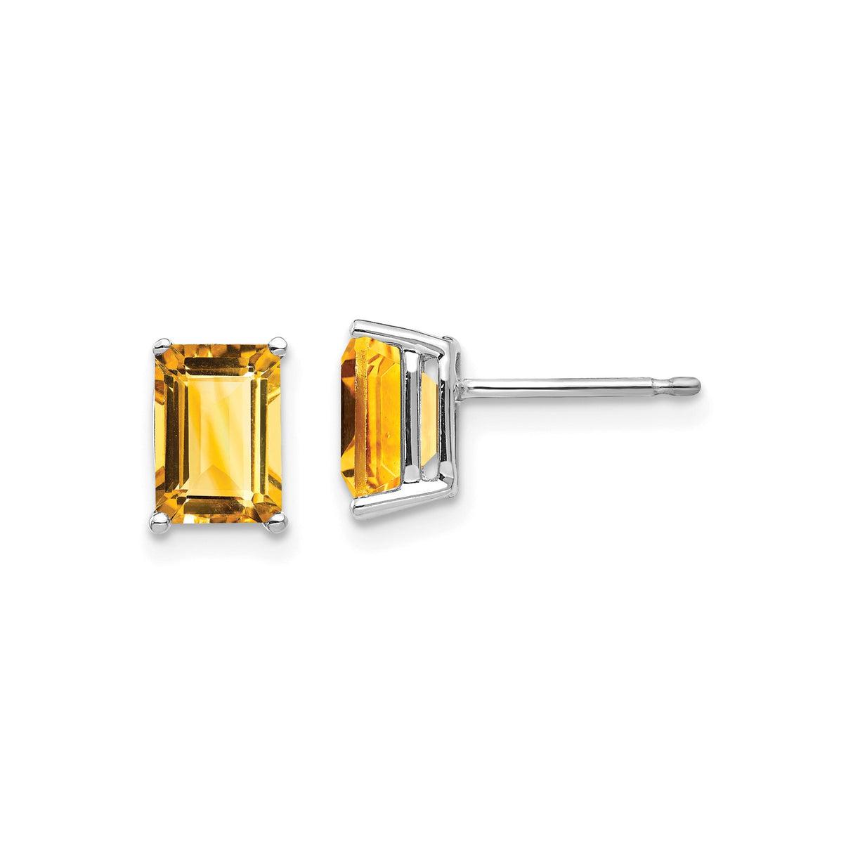 14k White Gold Stud Earrings with Emerald Cut Citrine, November Birthstone Jewelry