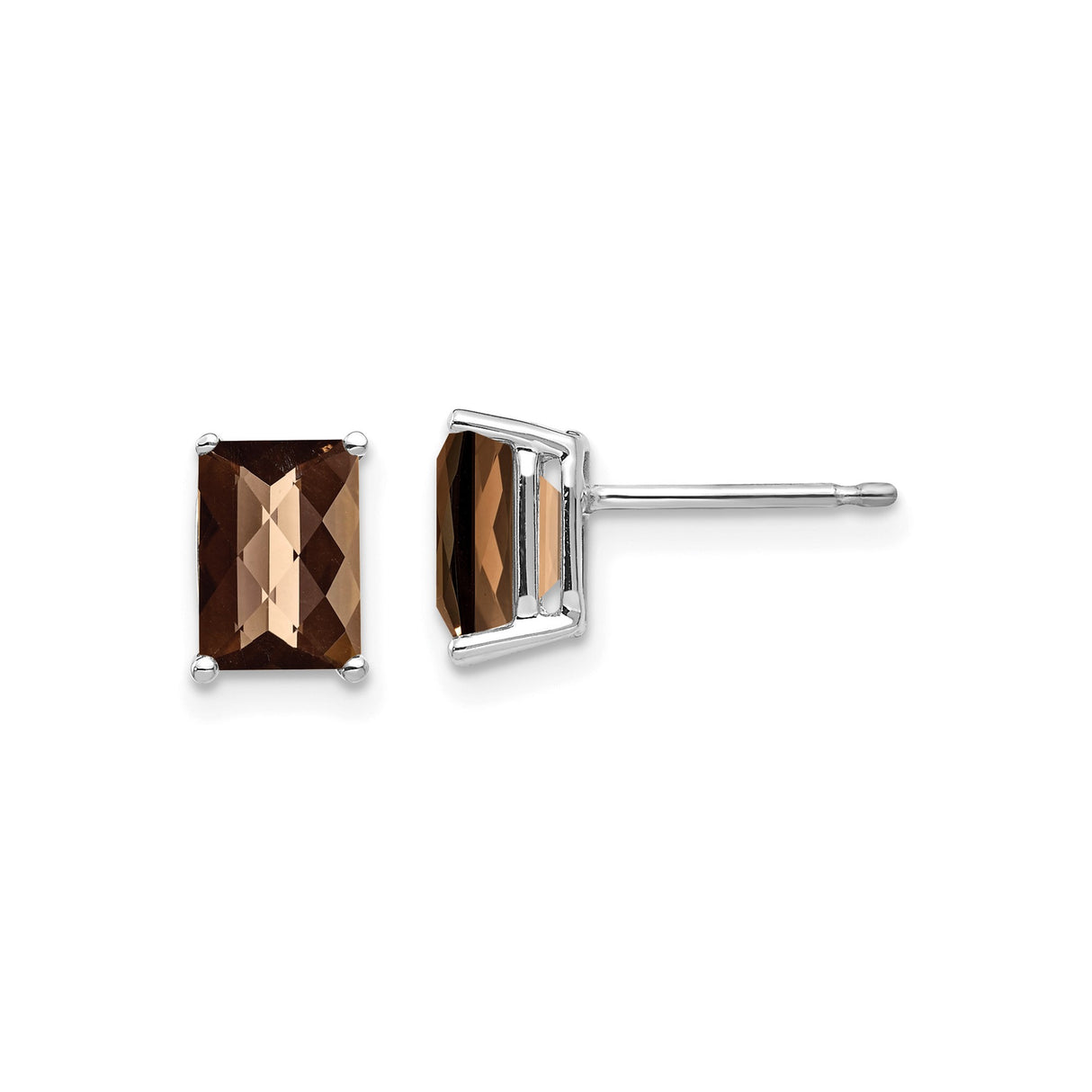 14k White Gold Stud Earrings with Rectangular Smoky Quartz, Modern Minimalist Geometric Style