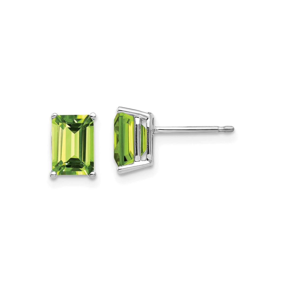 14k White Gold Stud Earrings with Emerald Cut Peridot, August Birthstone Jewelry for Women