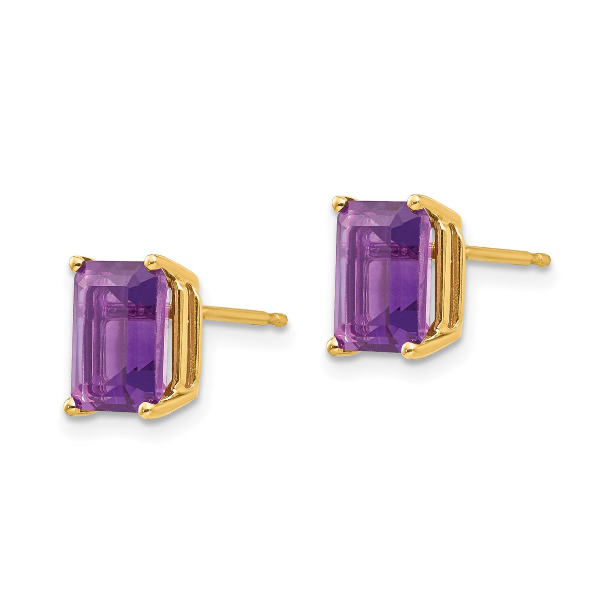 14k Yellow Gold Amethyst Stud Earrings, Emerald Cut Four Prong Setting, February Birthstone