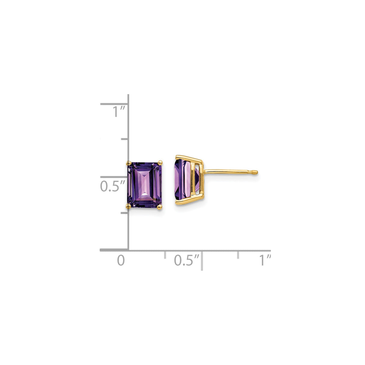 14k Yellow Gold Amethyst Stud Earrings, Emerald Cut Four Prong Setting, February Birthstone