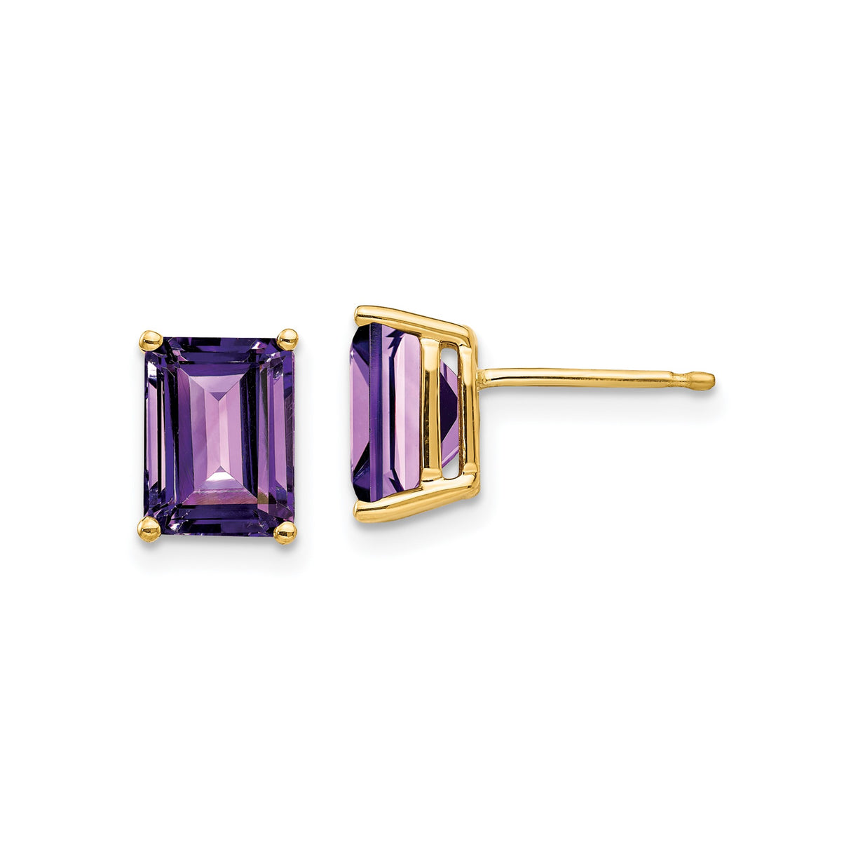 14k Yellow Gold Amethyst Stud Earrings, Emerald Cut Four Prong Setting, February Birthstone