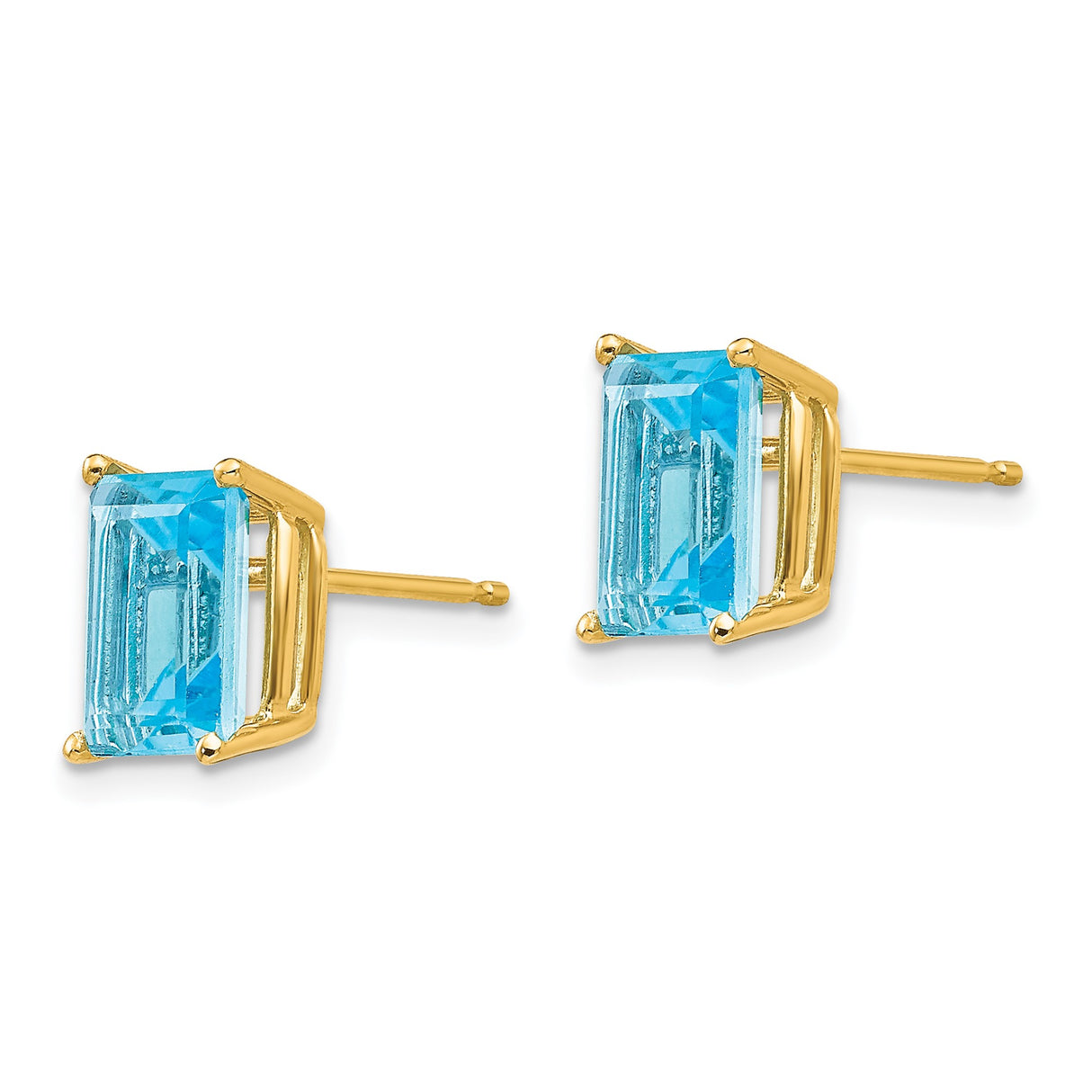 14k Yellow Gold Stud Earrings with Swiss Blue Topaz, Emerald Cut, Minimalist Four Prong Setting