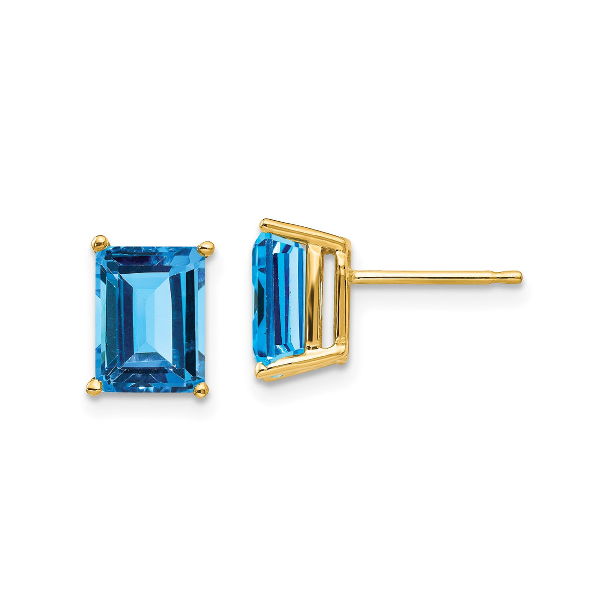 14k Yellow Gold Stud Earrings with Swiss Blue Topaz, Emerald Cut, Minimalist Four Prong Setting