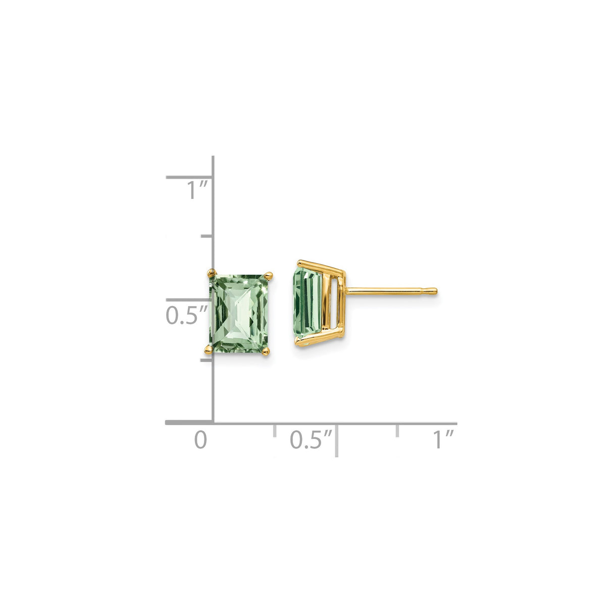 14k Yellow Gold Stud Earrings with Emerald Cut Green Quartz, Lightweight Octagon Design