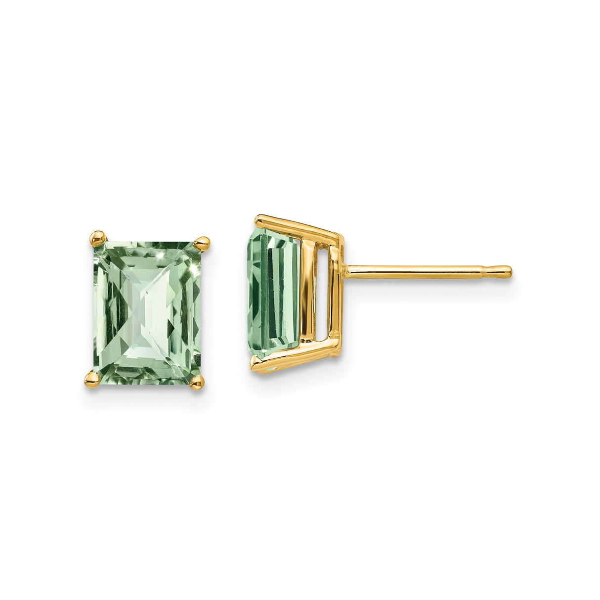 14k Yellow Gold Stud Earrings with Emerald Cut Green Quartz, Lightweight Octagon Design