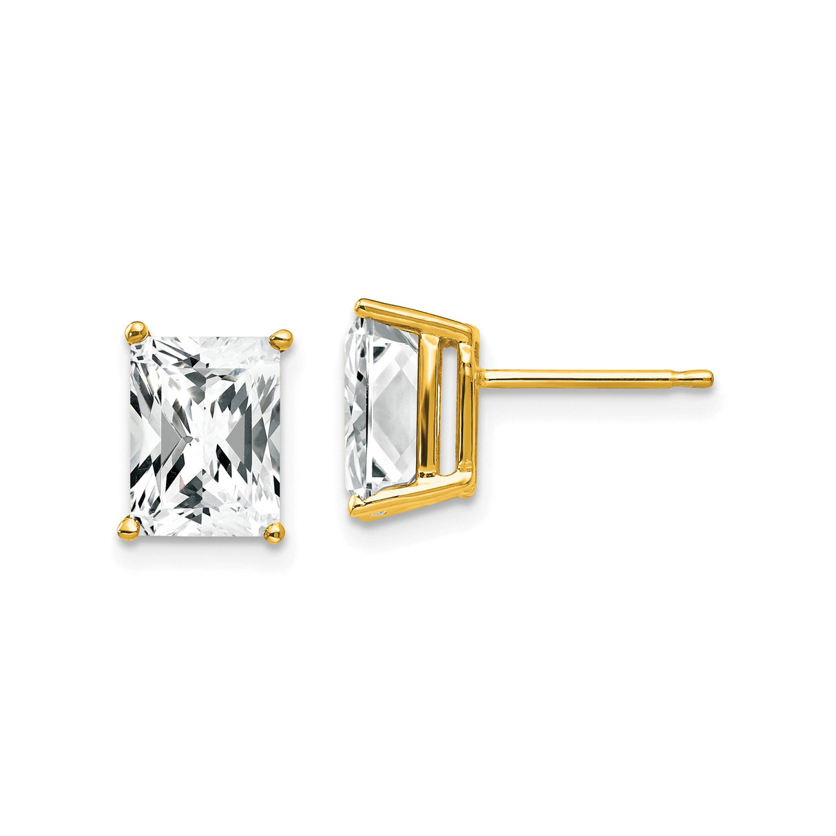 14k Yellow Gold Stud Earrings with Radiant Cut Cubic Zirconia in Four Prong Setting