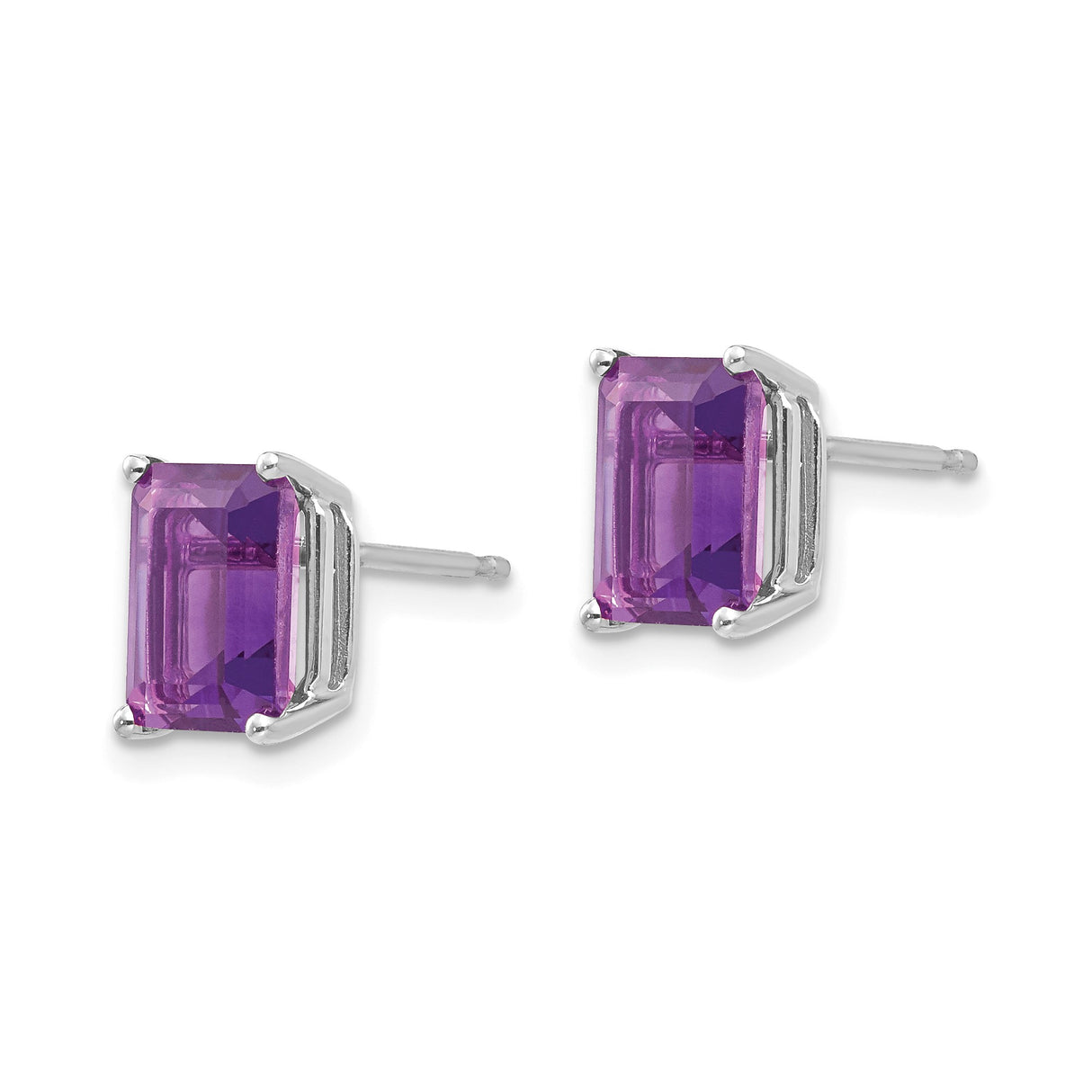 14k White Gold Amethyst Stud Earrings, Emerald Cut Purple Gemstone, Minimalist Style for Women