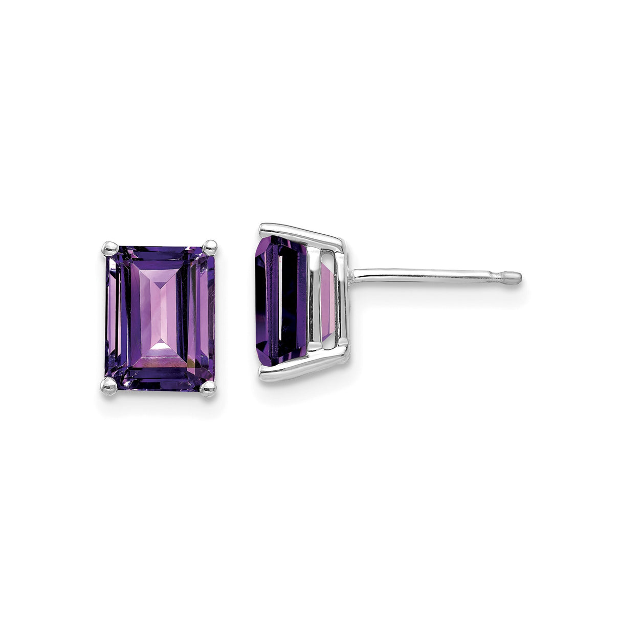 14k White Gold Amethyst Stud Earrings, Emerald Cut Purple Gemstone, Minimalist Style for Women