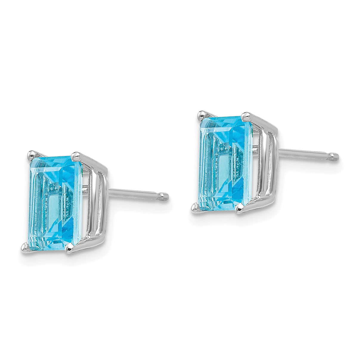 14k White Gold Stud Earrings with Emerald Cut Swiss Blue Topaz, Minimalist Design for Women