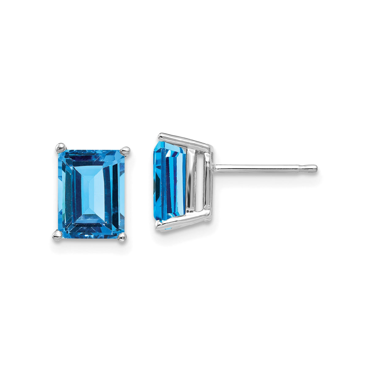 14k White Gold Stud Earrings with Emerald Cut Swiss Blue Topaz, Minimalist Design for Women