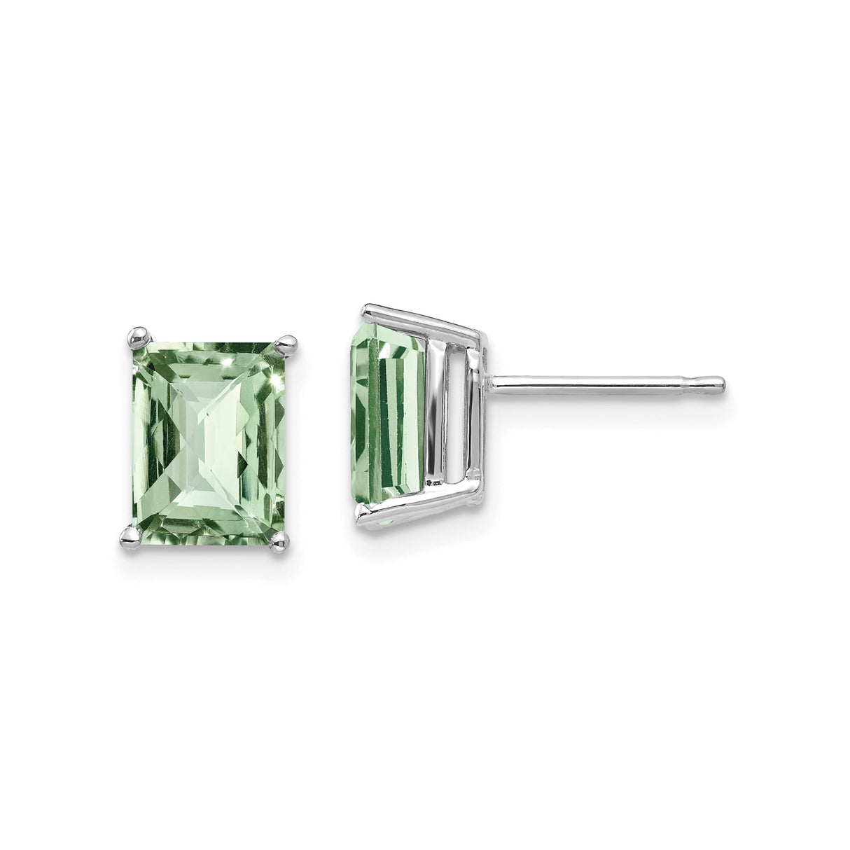 14k White Gold Stud Earrings with Emerald Cut Green Gemstone, Minimalist Modern Design