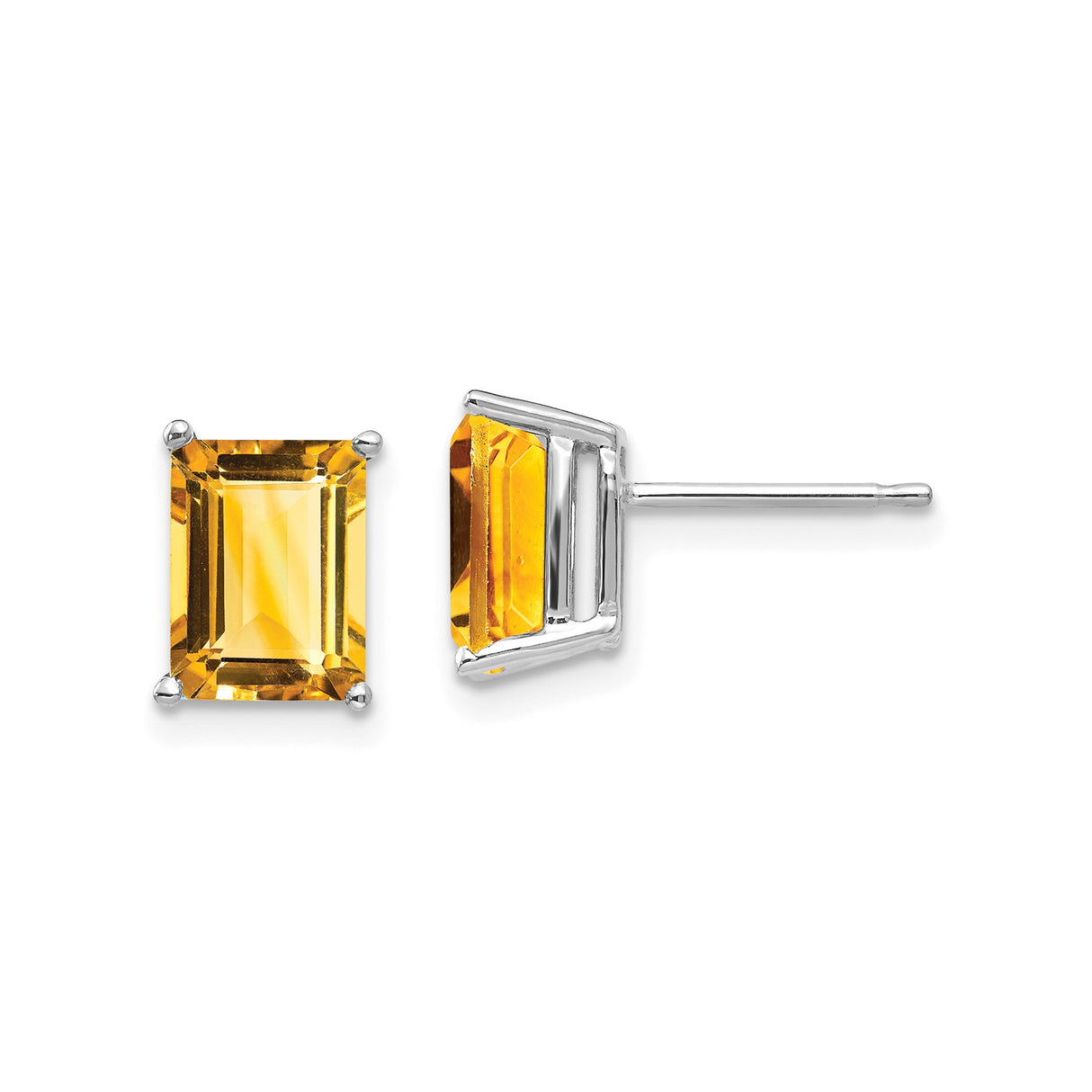 14k White Gold Citrine Stud Earrings, Emerald Cut Prong Set November Birthstone Jewelry